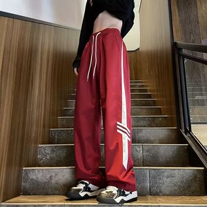 秋季美式复古拼接条纹运动裤男宽松直筒垂感阔腿束脚裤k8240 p45图片