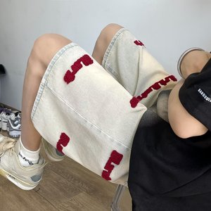 牛仔短裤男夏季美式高街潮牌刺绣水洗五分中裤潮dk6703 p45图片