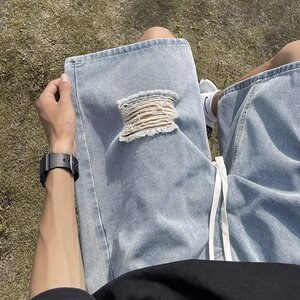 2023夏季文艺牛仔短裤简约五分裤男直筒日系破洞短裤潮dk753 p35图片