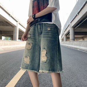 破洞牛仔短裤男夏季复古水洗做旧毛边中裤美式五分裤潮dk1057 p35图片