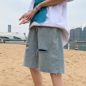 2024夏季韩版牛仔短裤男宽松侧拉链休闲破洞五分裤潮dk0043p40