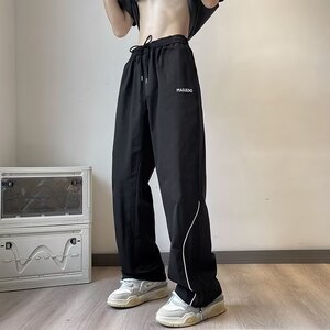 美式复古直筒运动裤男女韩版宽松休闲拼接拉链拖地阔腿裤k063 p35图片