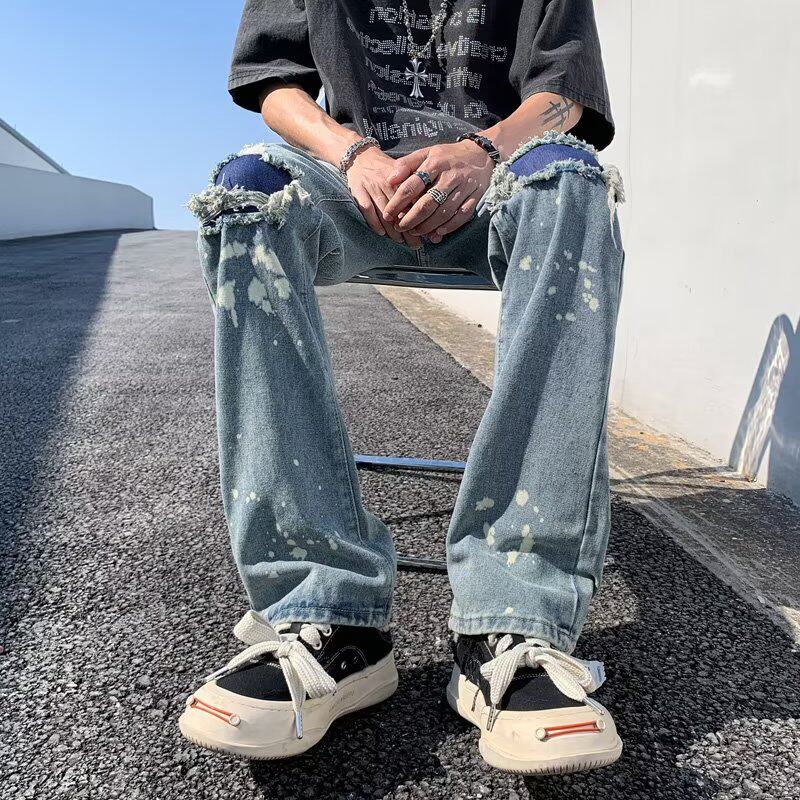 2023夏季直筒水洗男美式牛仔裤拉链流行破洞牛仔裤nk5001 p55图片