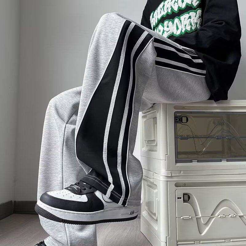 卫裤男款秋季垂感条纹拼接运动宽松直筒阔腿休闲长裤潮k672p40，男装休闲裤，星座204-6