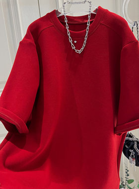 欧货宽松休闲中长款磨毛加厚节日过年红大版短袖T恤女秋冬H575