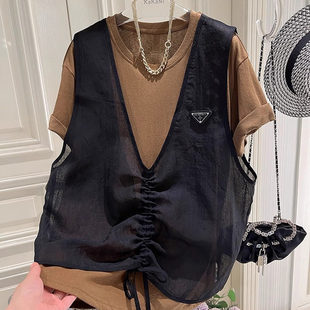 买手店  抗皱纱马甲+宽松短袖T恤简约欧货休闲两件套女夏S6802