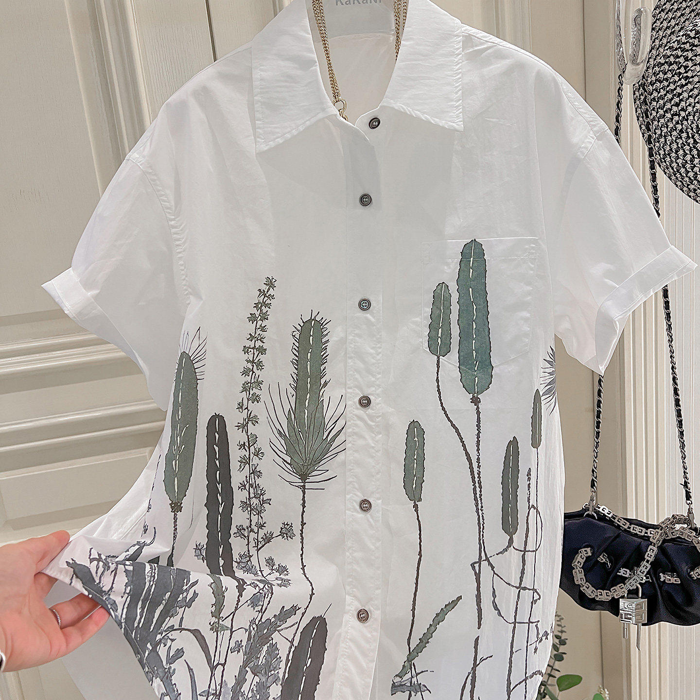 买手店 新中式小众个性时尚仙人掌印花短袖衬衫女夏款G801