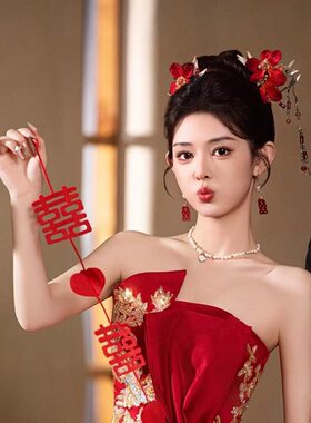 中式新娘秀禾红色步摇流苏花瓣发簪套装旗袍发饰婚礼古典民族配饰