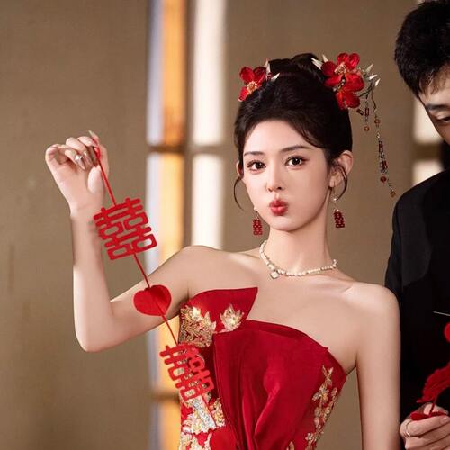 中式新娘秀禾红色步摇流苏花瓣发簪套装旗袍发饰婚礼古典民族配饰