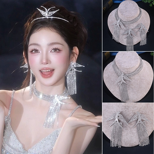 重工镶钻项链套装多层燕子颈链耳环舞台新娘婚纱配饰高级感颈饰