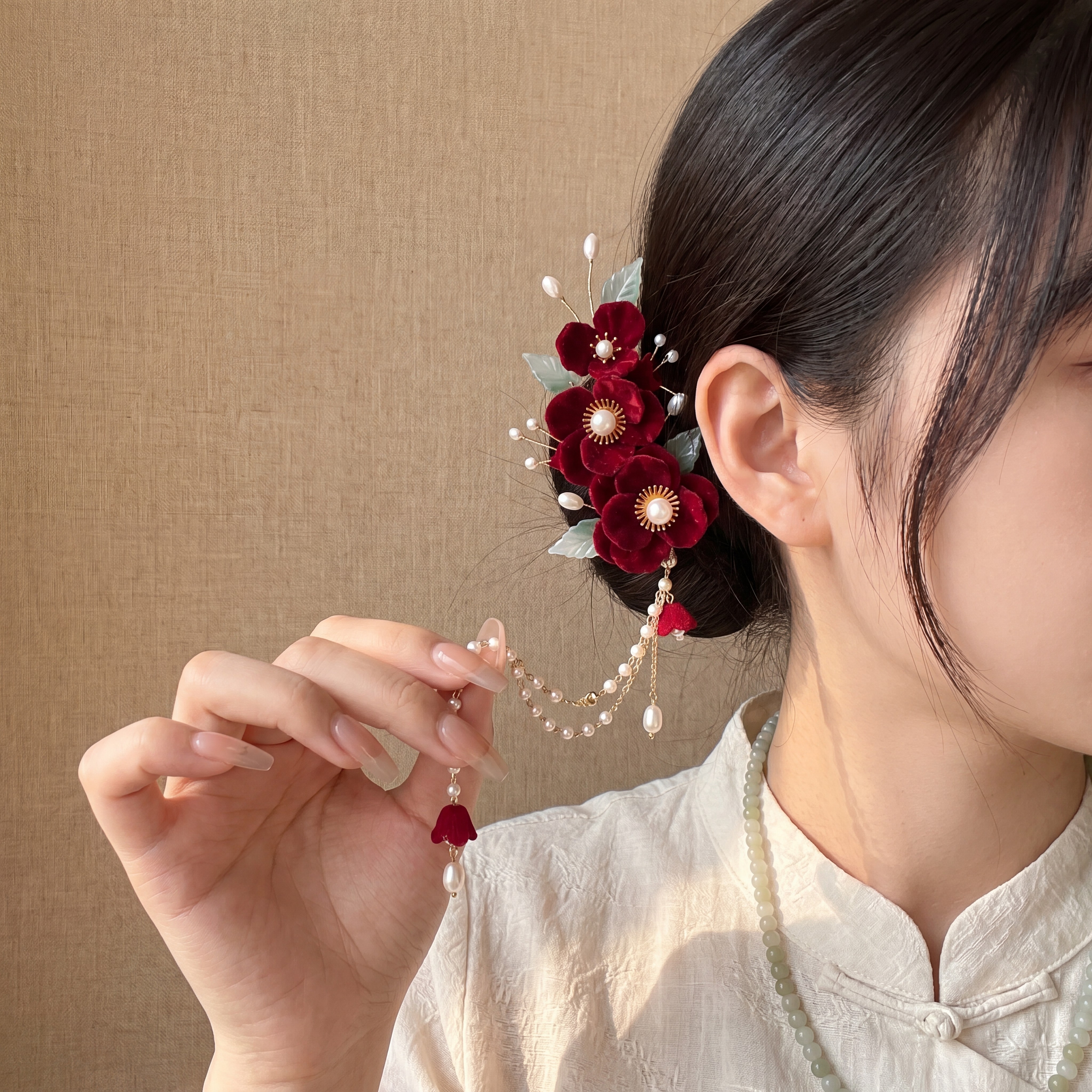 红色绒花边夹全套发夹珍珠流苏简约喜庆花朵汉服头饰配件