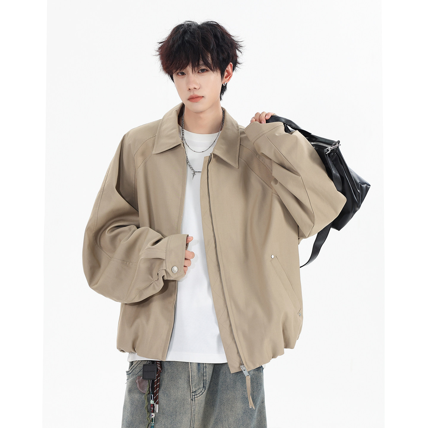 美式复古卡其色夹克男女设计感痞帅潮牌宽松外套春季潮牌情侣外套