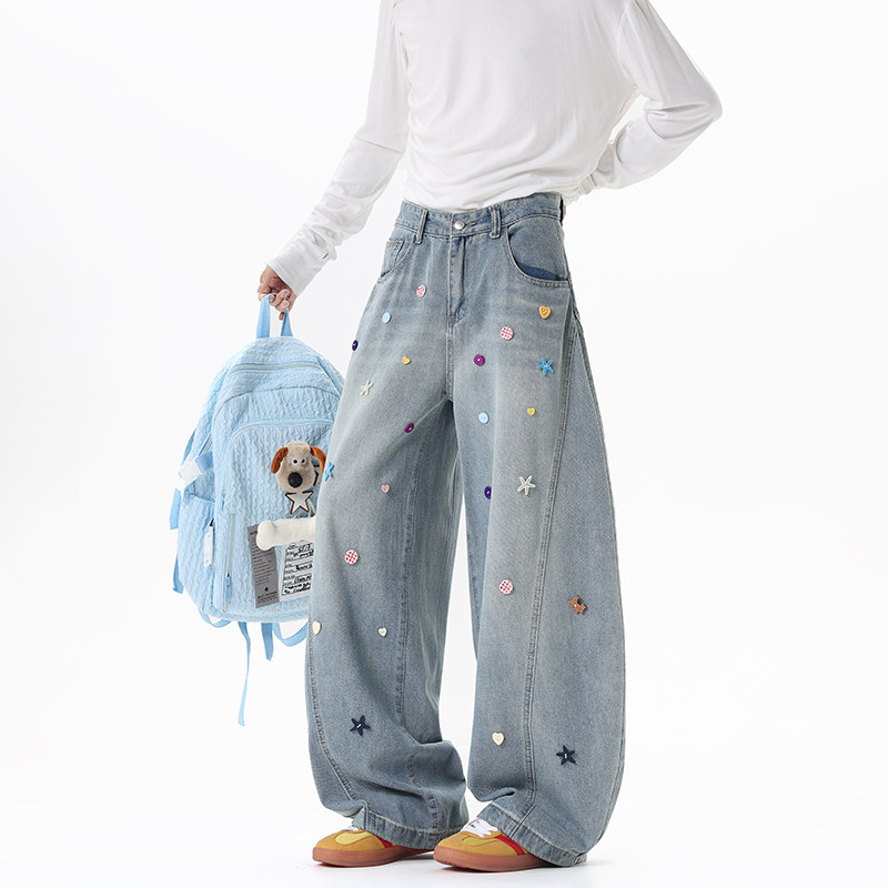 PASSIBURN 刺绣弯刀牛仔裤女男秋季复古做旧阔腿裤宽松百搭休闲裤