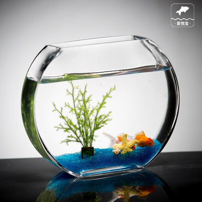 创意桃花玻璃鱼缸金鱼缸扁圆形迷你中小型懒人客厅办公桌面水族箱