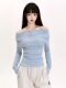 蓝色一字肩上衣女仙气设计高级感小众气质露肩绝美韩式 美衣服饰秋
