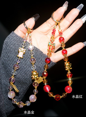 金色招财猫水晶手腕女士高端手机挂绳手腕式独特好看的新型带子女