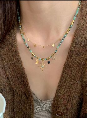 复古星月天然石钛钢串珠项链女