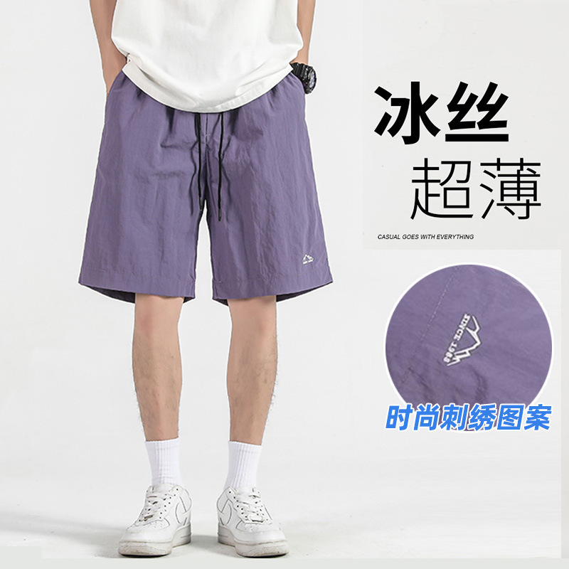 冰丝休闲短裤男夏季潮牌宽松直筒篮球运动沙滩青少年百搭刺绣裤子