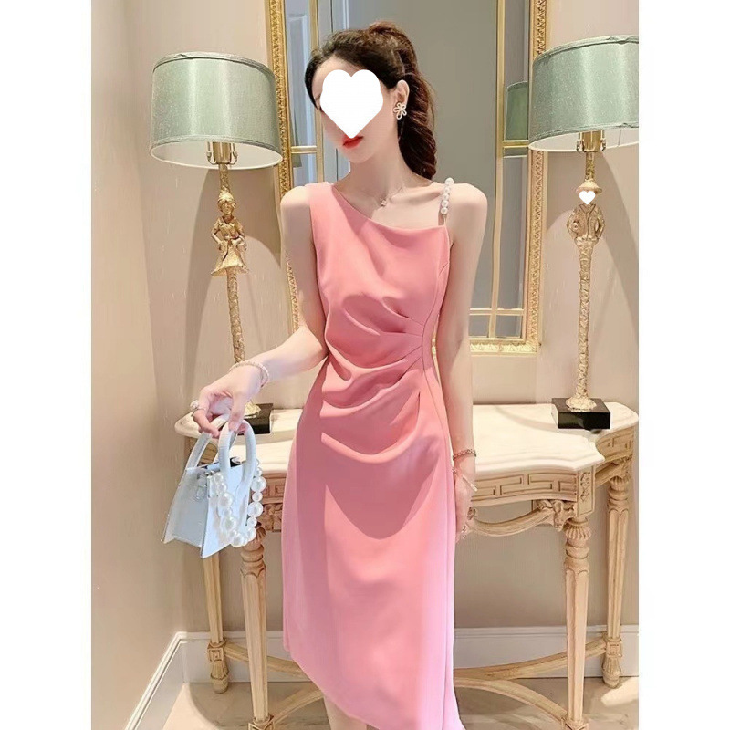 高级设计感珍珠斜肩性感吊带连衣裙女夏2024新款裙子法式气质款