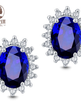 蜜安琪 0.90~2.14克拉斯里兰卡天然彩宝蓝宝石耳钉 18K金钻石耳环