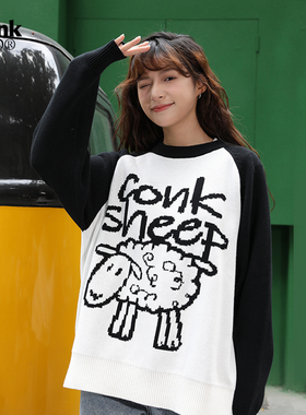 CONKLAB可可羊拼色毛线衣男秋冬宽松圆领纯棉外套情侣潮牌针织衫