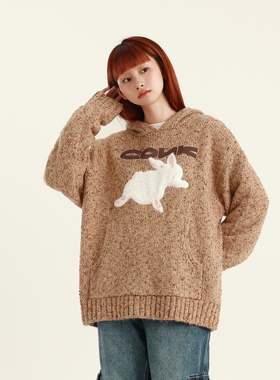 conklab 仿毛流感趴趴兔连帽针织衫外套男宽松休闲情侣毛衣潮卫衣