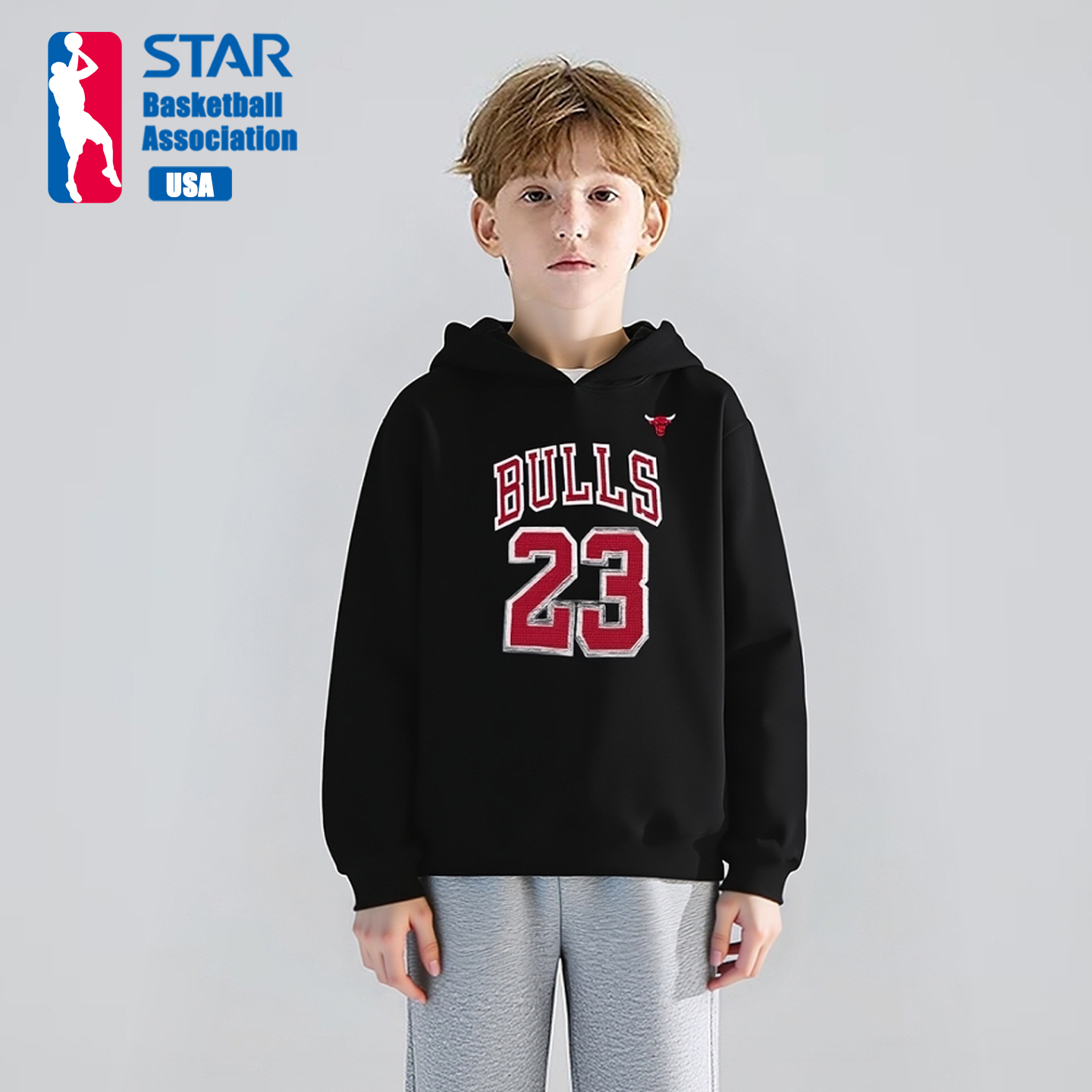 美式高街加绒保暖黑色卫衣儿童连帽篮球公牛队23号童装运动外套