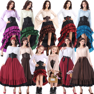 成人女文艺复兴时期中世纪海盗Cos服装含头巾荷叶边维多利亚长裙