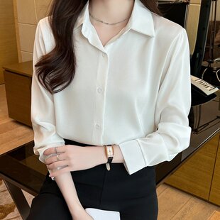 醋酸衬衣2023年新款女春秋款粉色缎面上衣夏季薄款士长袖雪纺衬衫