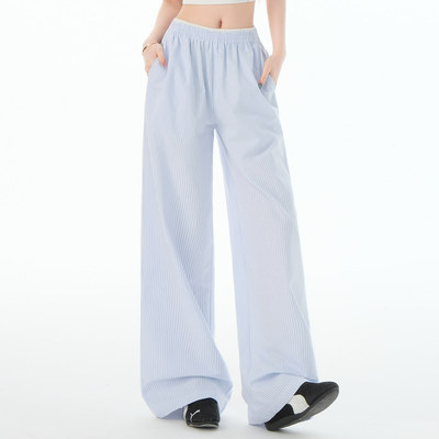 蓝色条纹阔腿垂感直筒休闲长裤女