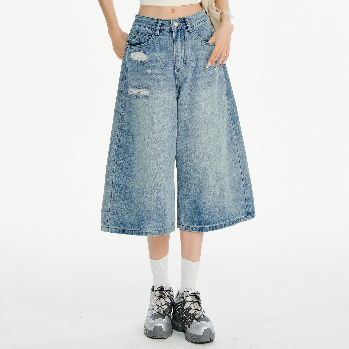 复古水洗蓝阔腿七分牛仔裤女2025夏季新款破洞设计感高腰直筒中裤,女装/女士精品,牛仔裤,淘宝优惠券,粉丝福利购,淘宝优惠卷