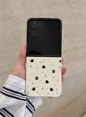 撞色黑猫小鱼适用小米mix2手机壳三星Zflip7华为Pocket折叠荣耀OPPO FindN3摩托罗拉razr60新款PuraX保护套5