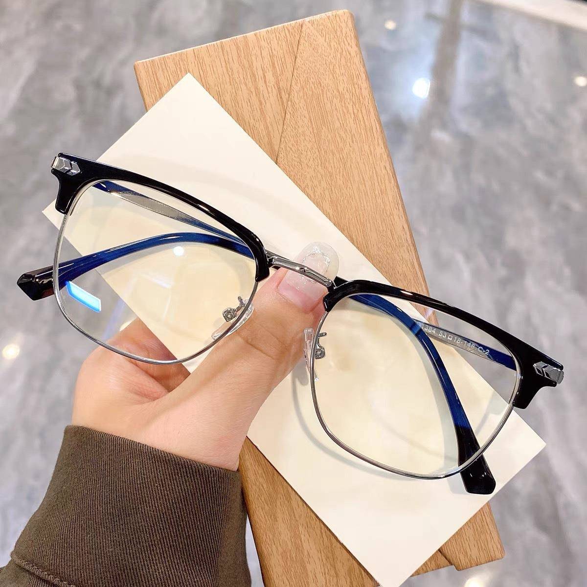 TR90复古潮半框眼镜男可配有度数镜片眉毛架眼镜防蓝光平光镜