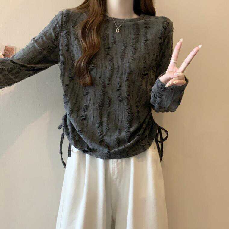 2024早秋新款复古抽绳破洞长袖T恤大码女装胖mm收腰显瘦短款上衣