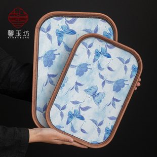 蔚蓝蝴蝶布垫玻璃托盘套装精致干泡茶盘高颜值首饰盘高档茶托餐盘