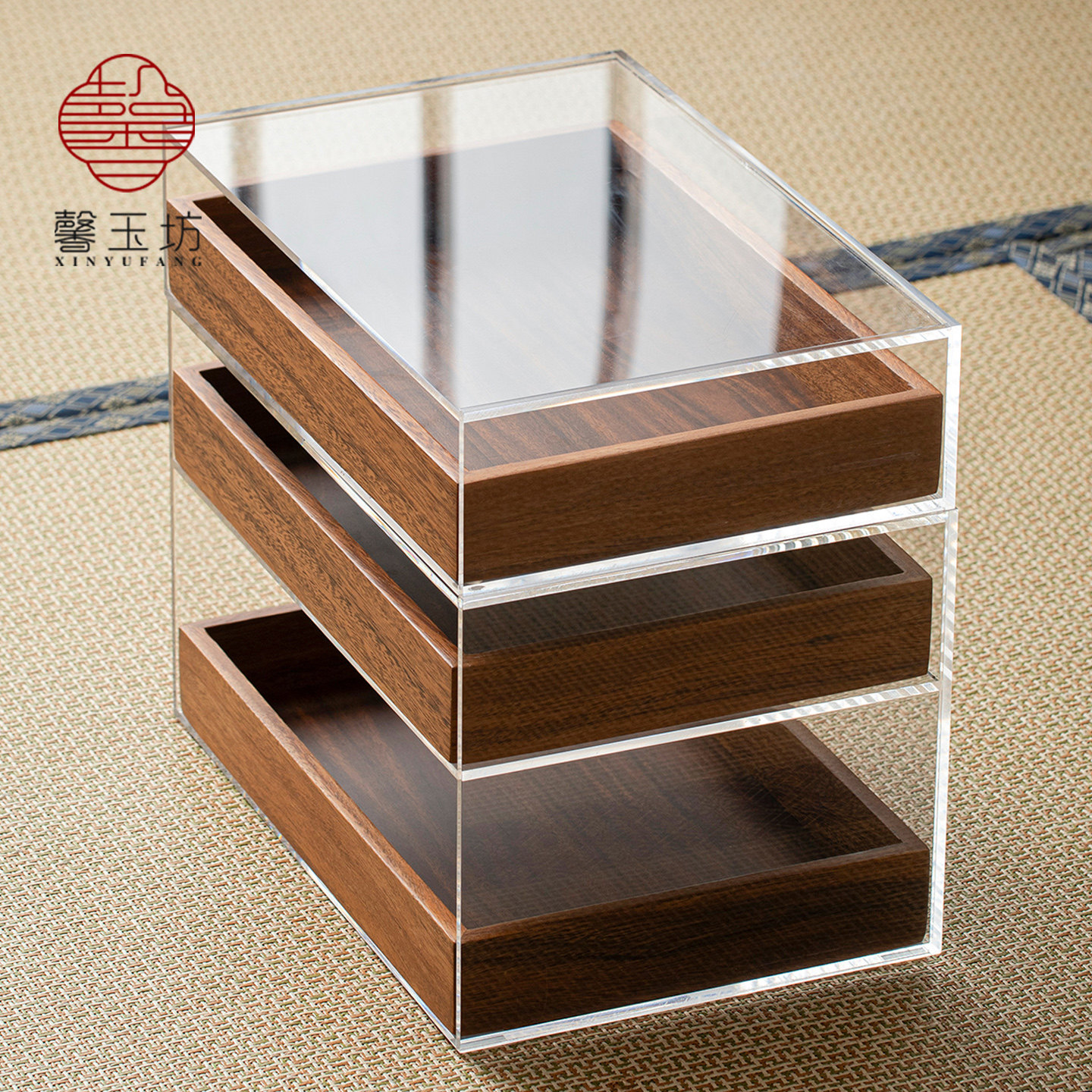 胡桃木亚克力多层收纳盒透明展示图片