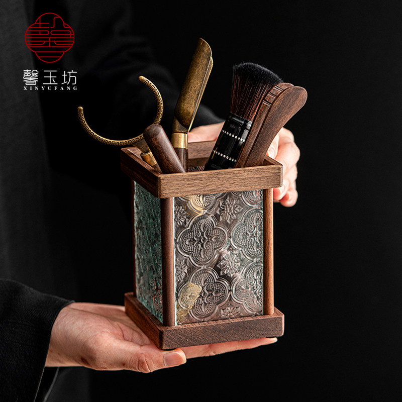 轻奢胡桃木茶道六君子创意玻璃笔筒高档办公桌书桌茶桌配件收纳盒