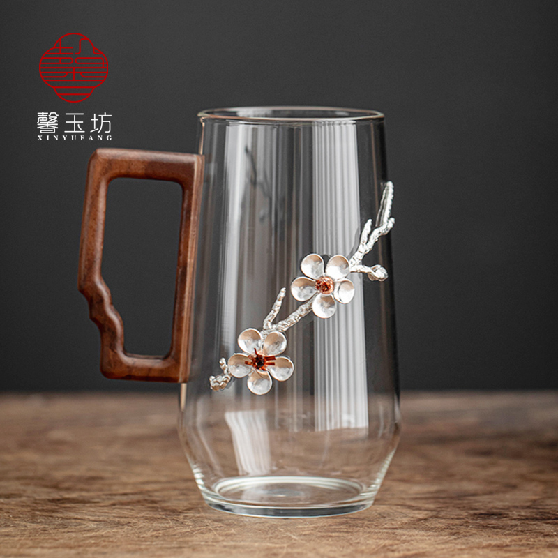 馨玉坊手工锡制梅花玻璃杯耐高温木把水杯办公茶杯个人杯女士精致