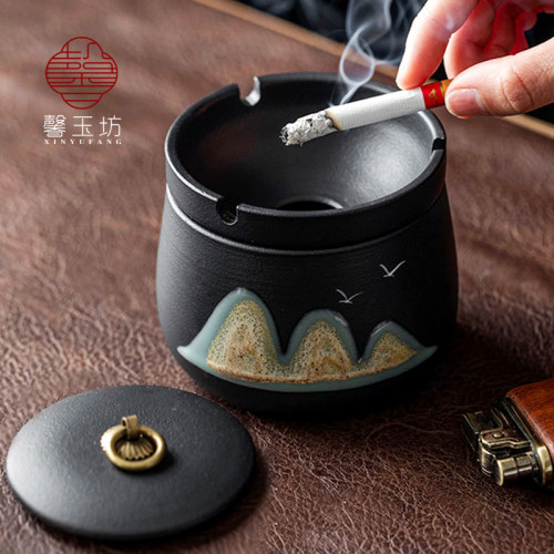馨玉坊黑陶千里江山小型烟灰缸