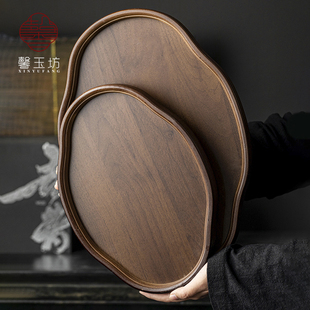 中式海棠形茶托盘家用干泡茶盘胡桃色复古餐盘收纳盘如意形茶奉