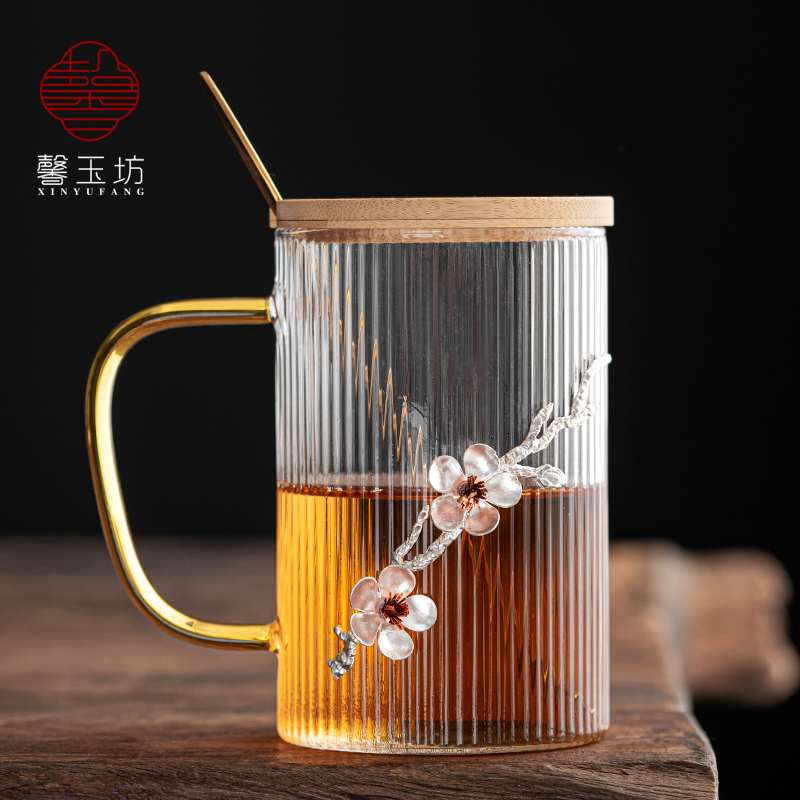 馨玉坊锡花条纹直身把杯高硼硅玻璃