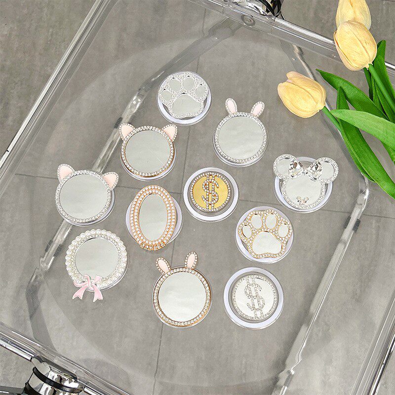 小清新风玻璃镜子磁吸手机气囊支架兔耳朵猫耳朵猫爪水钻轻奢补妆