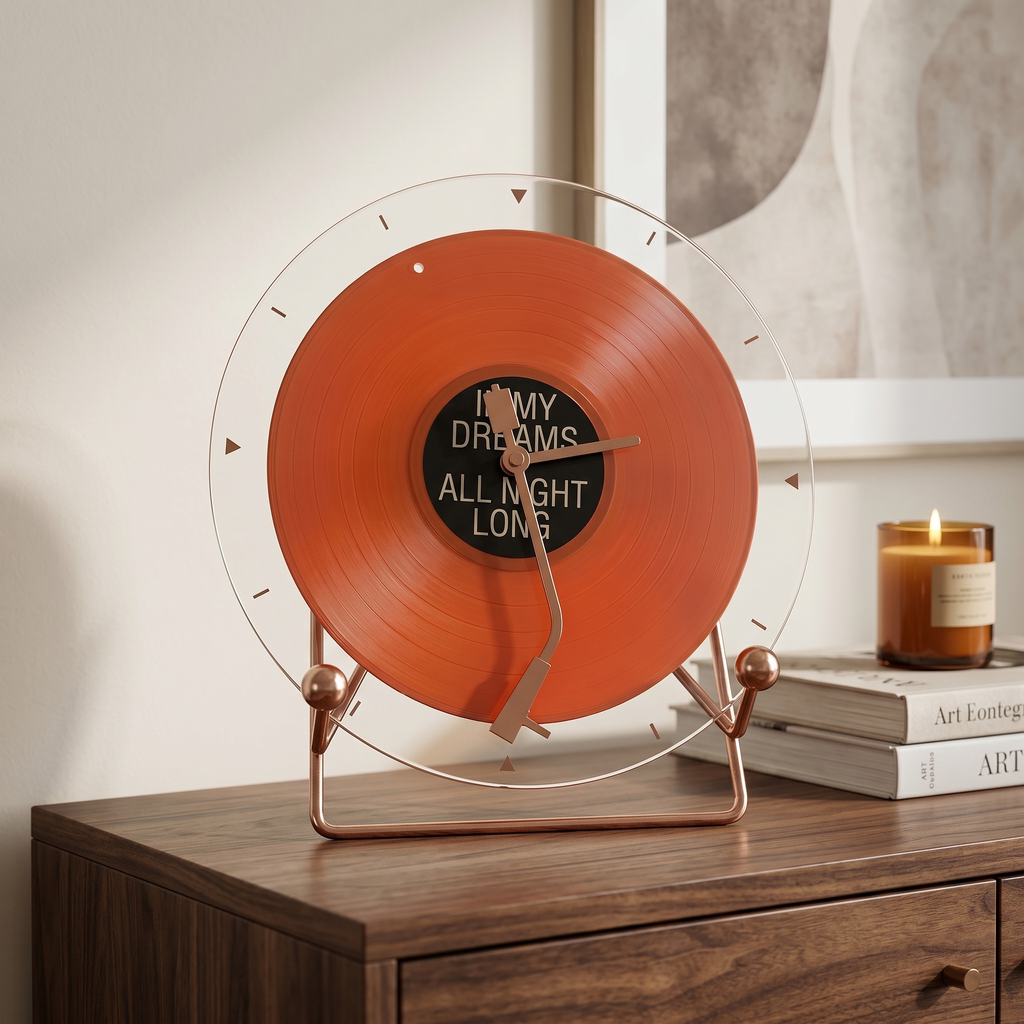 奶油中古风复古黑胶唱片桌面时钟摆件客厅餐边电视柜轻奢装饰座钟