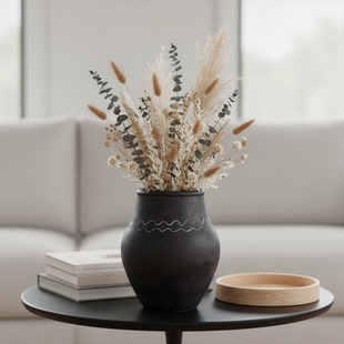 北欧简约陶瓷花瓶黑色圆形家居装饰摆件客厅书房插花器