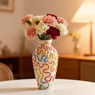 彩色波浪纹陶瓷花瓶摆件客厅装饰品轻奢感插花瓶