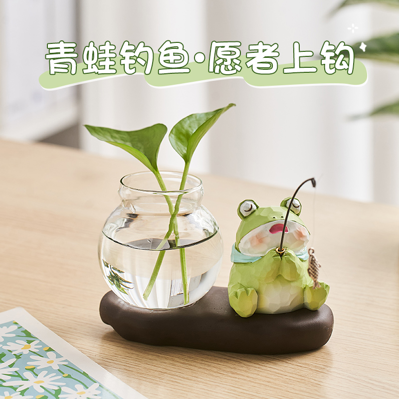 小猫钓鱼玻璃花瓶水培绿植摆件装饰品办公室桌面工位氛围布置好物