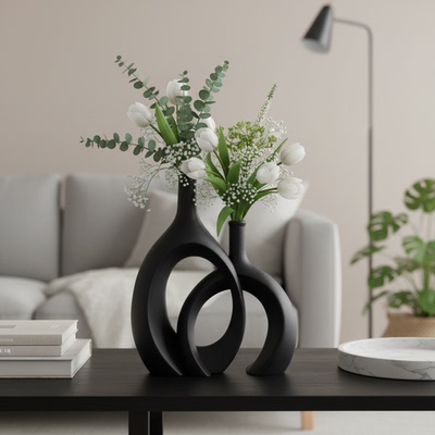 现代简约黑色几何花瓶摆件套装