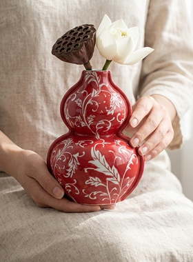新中式红色陶瓷葫芦花瓶摆件