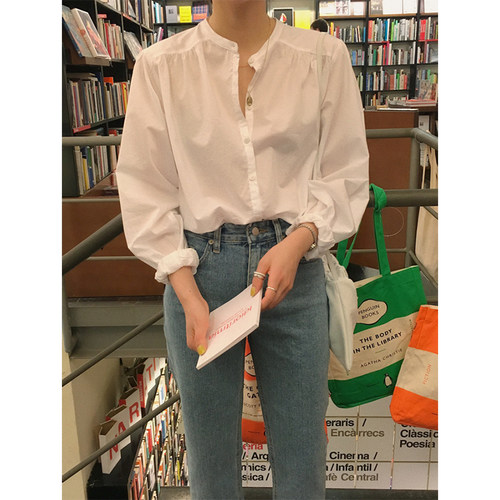 长袖纯棉衬衫泡泡袖新款简约宽松