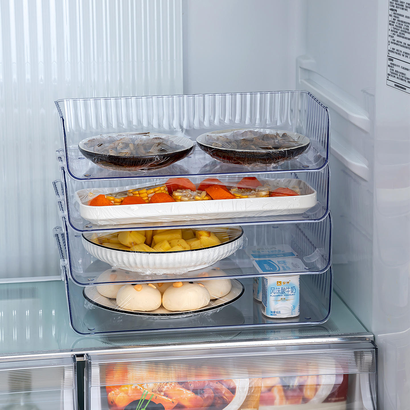 冰箱置物架内部分层隔板厨房家用冰柜放剩菜碗盘整理架塑料收纳架